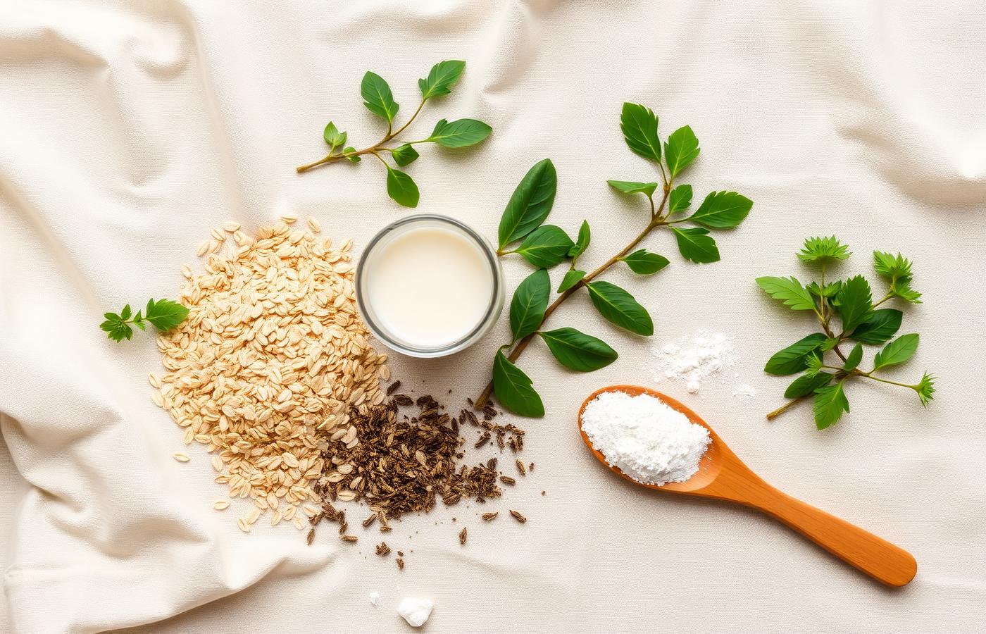 Flat lay of natural ingredients: milk, oats, herbs and powdered inositol