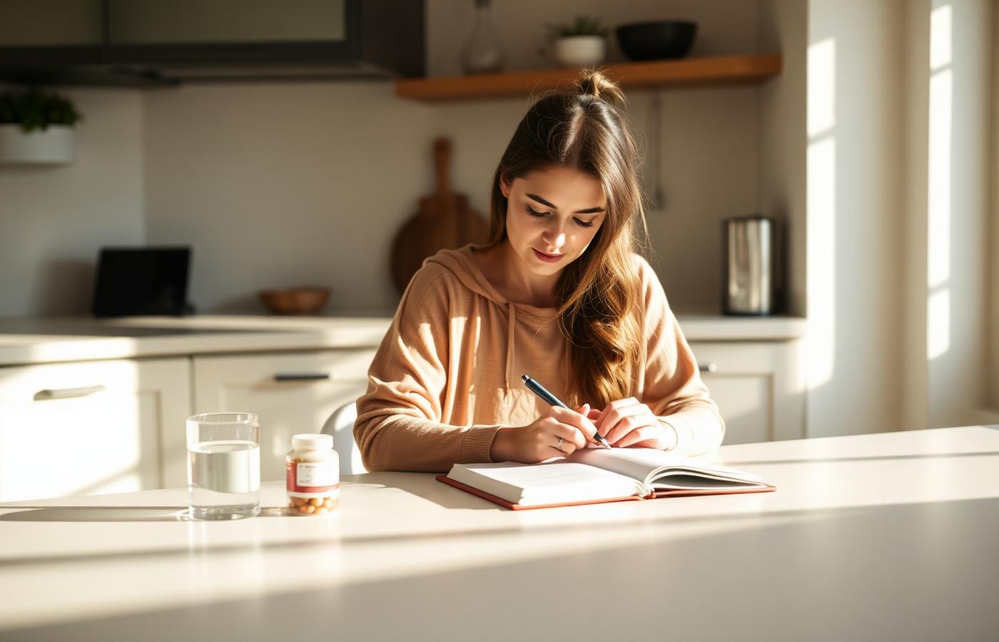 Woman journaling at a sunlit kitchen counter with a glass of water and supplement bottle